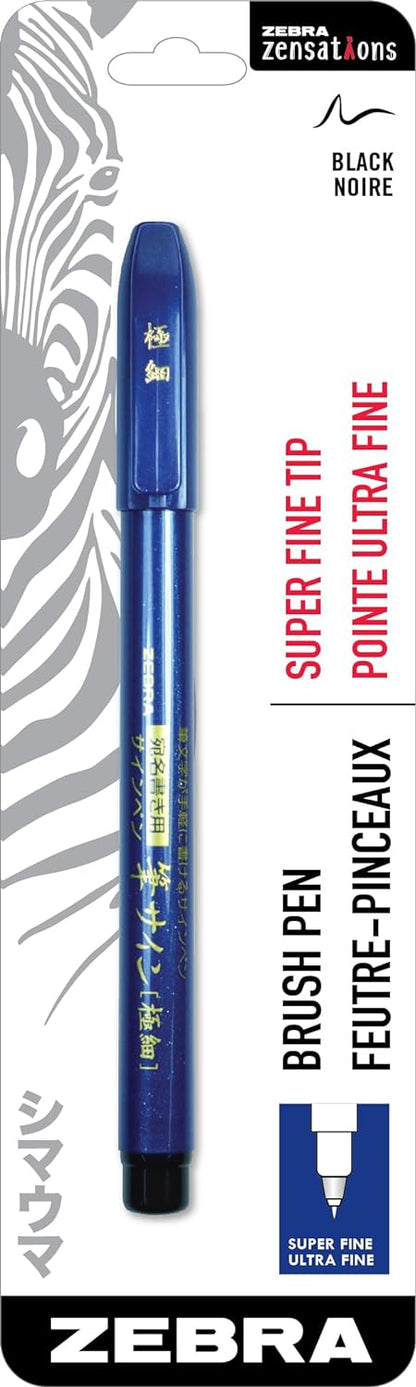 Zebra Pen Zensations - Bolígrafo de pincel, punta de cepillo, tinta negra resistente al agua, paquete de 1, punta súper fina