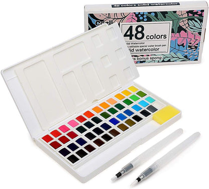 Juego de 48 pinturas de acuarela, suministros de arte, kit de pintura de acuarela portátil, 2 bolígrafos especiales recargables, esponja y paleta de acuarela