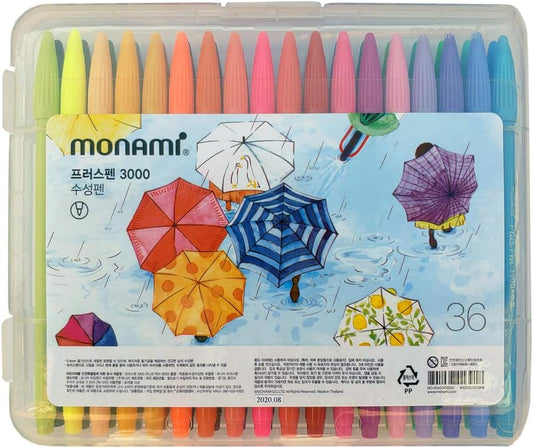 MONAMI Plus Pen 3000 bolígrafos de punta de fieltro, punta fina (0.016 in), para colorear, dibujar/diario, colores surtidos, paquete de 36