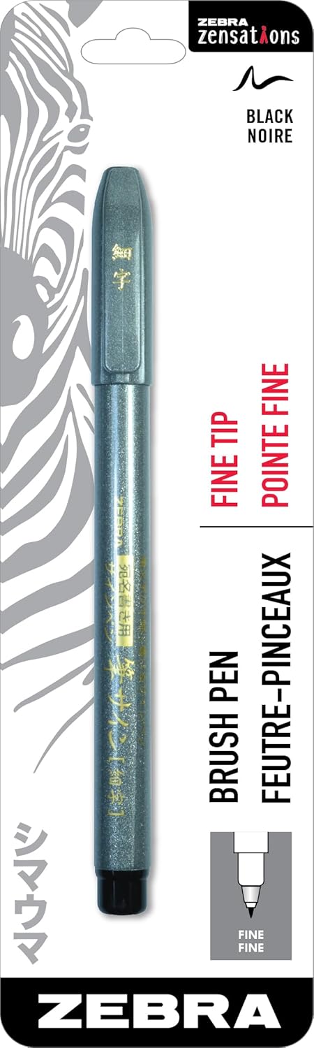 Zebra Pen Zensations - Bolígrafo de pincel, punta de pincel, tinta negra resistente al agua, paquete de 1