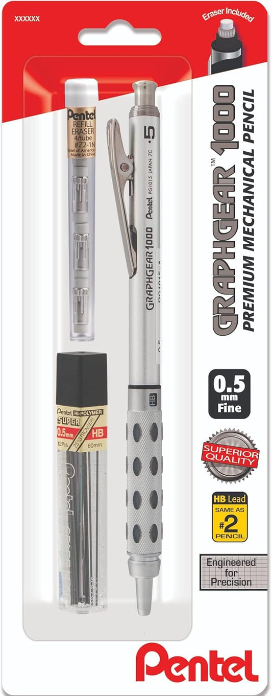 Pentel GraphGear 1000 - Lápiz de dibujo mecánico automático de 0.020 in, incluye recambios de plomo y borrador, agarre metálico cincelado con almohadillas suaves