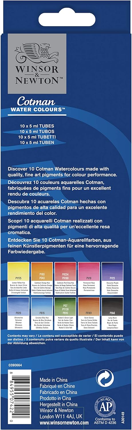 Winsor & Newton Cotman - Juego de pintura de acuarela, 10 colores, tubos de 0.17 onzas líquidas