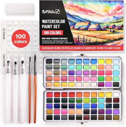 Juego de pintura de acuarela con 100 colores brillantes: para adultos principiantes y profesionales con metálico, paleta de arte de acuarela de tamaño de viaje