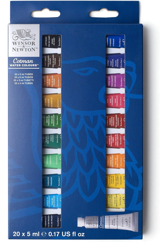 Winsor & Newton Cotman - Juego de pintura de acuarela, 20 colores, tubos de 0.17 onzas líquidas