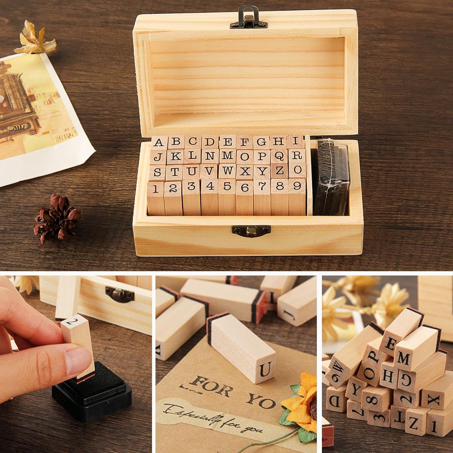 36 sellos de goma de madera, mini sellos de letras del alfabeto para tarjetas de manualidades y álbumes de fotos, juego de sellos de tinta para manualidades con caja de madera, color negro