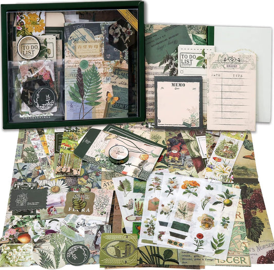 Kit de suministros para álbumes de recortes, kit de álbum de recortes estético botánico vintage para diario, papelería, cuaderno de cuadrícula A6, suministros de diario de flores