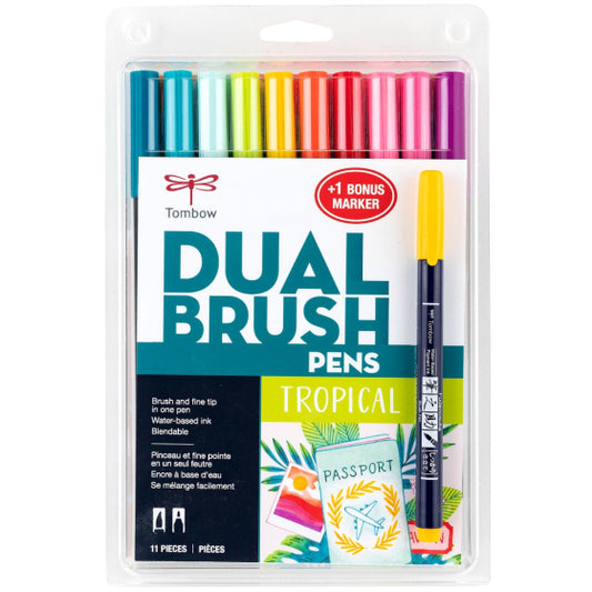 Tombow Dual Brush Pen Art Markers, Tropical, 10-Pack + Free Fudenosuke Brush Pen
